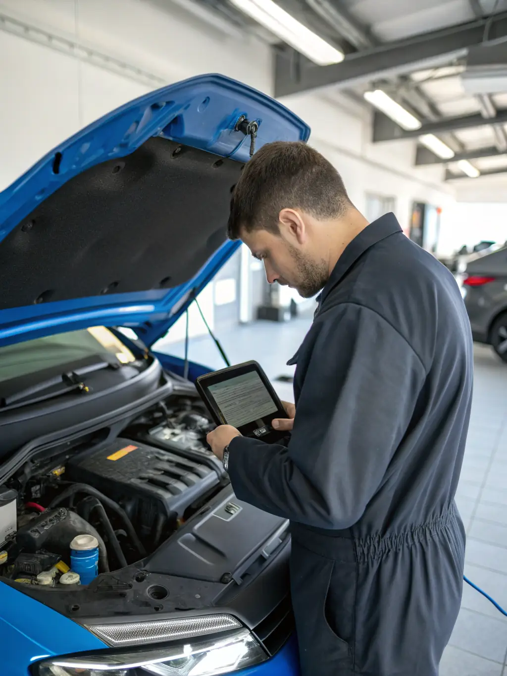 A state-of-the-art auto repair shop with advanced diagnostic equipment and a technician working on a vehicle.