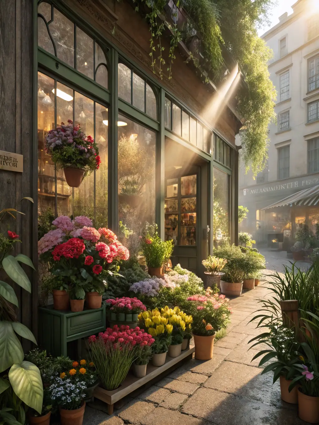 A vibrant local florist shop displaying a variety of eco-friendly bouquets and floral arrangements.